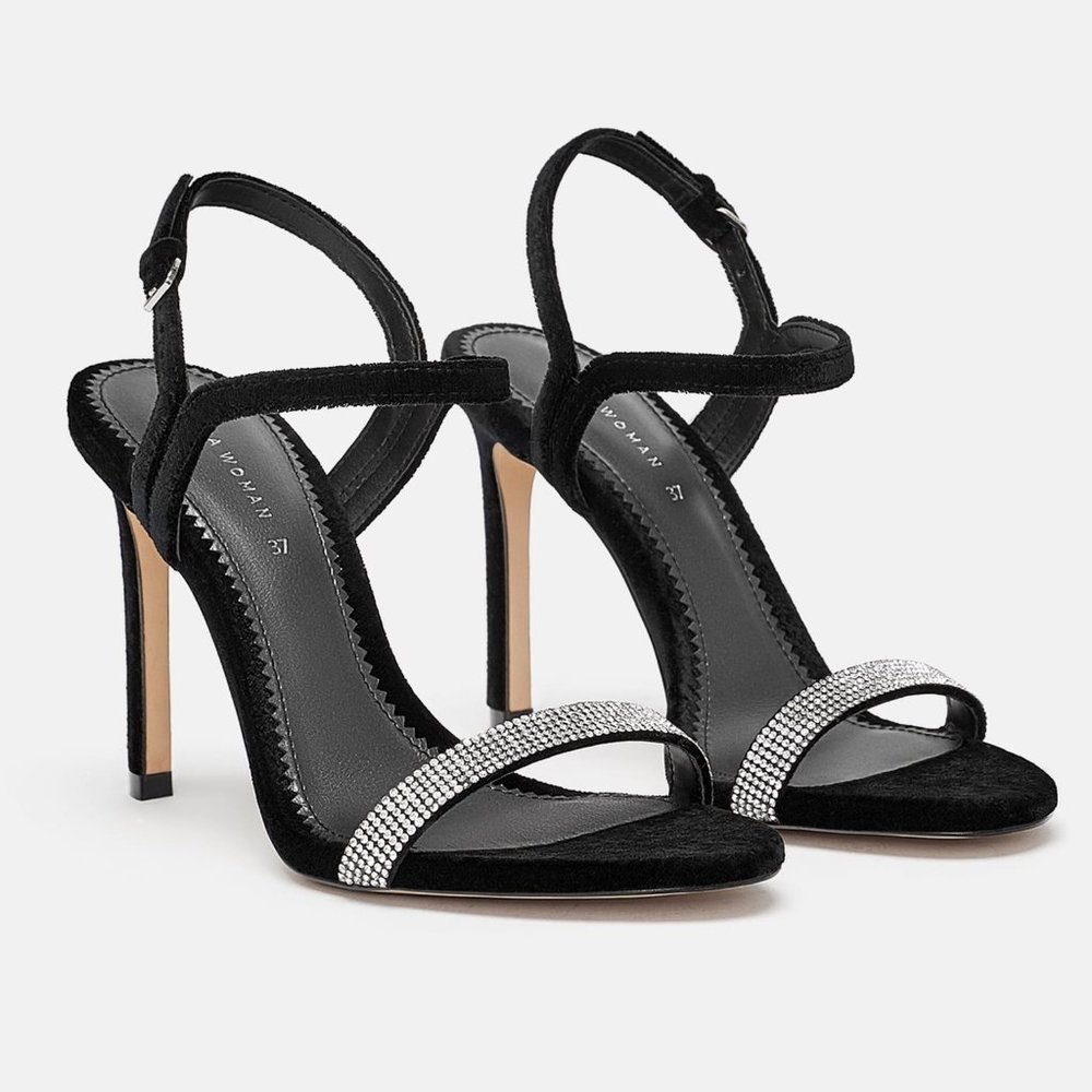 Zara| black velvet sandal with rhinestone strap